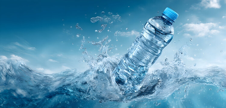 Dynamic splash of clear water engulfing a pristine plastic bottle against a vibrant blue sky with wispy clouds, evoking refreshment and purity.