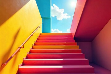 Ascending Colorful Staircase to Sunlit Upper Level Vibrant Home Decor & Architectural Design Inspiration