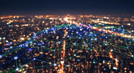 A vibrant cityscape at night with a network of glowing lights forming a complex web.