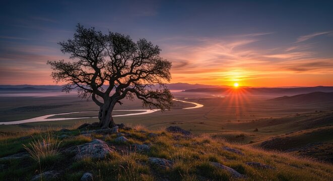 A lone tree stands on a grassy hillside, with a river winding through the valley below, under a dramatic sunset sky with warm hues and a bright sunburst.