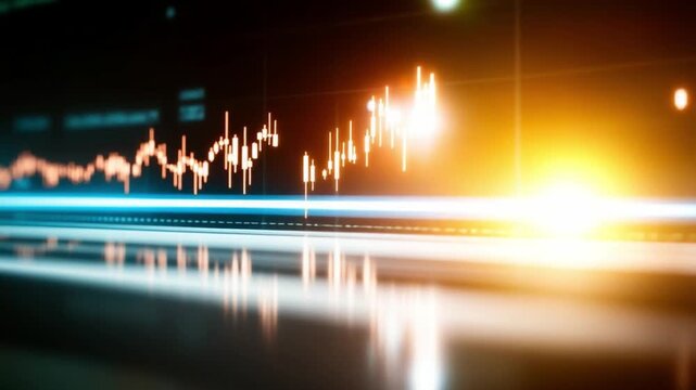 Financial market data with a digital abstract and shining light: An eye-level perspective showcases a dynamic graph, its lines and data points illuminated with an ethereal glow.