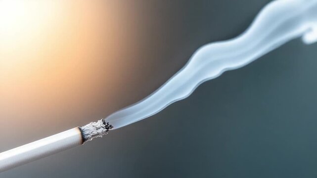 Burning Cigarette with Smoke Trail: A close-up view of a lit cigarette, with a wispy trail of smoke curling gracefully against a blurred background, the focus is on the act of smoking