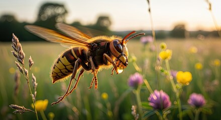 A large wasp with yellow and black stripes flying over a field of wildflowers.