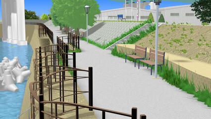 CG画像,3D,アニメーションの背景,背景画,海岸,青い海,空,道,自然,風景,景色,木,日本,屋外,晴れ,日本晴れ,緑,木,海原,夏の思い出,広い,高速道路,公園,浜辺,海水浴,まぶしい,青空,雲一つない,テトラポット,陽射し,遠浅,立体交差,広大な,
