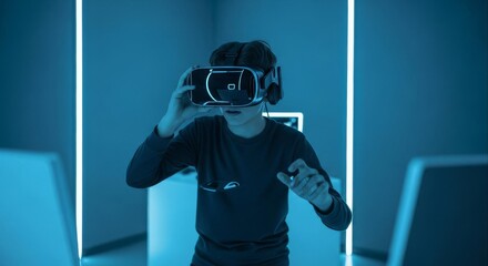 A young person wearing a virtual reality headset and holding a controller in a futuristic room with blue neon lights.