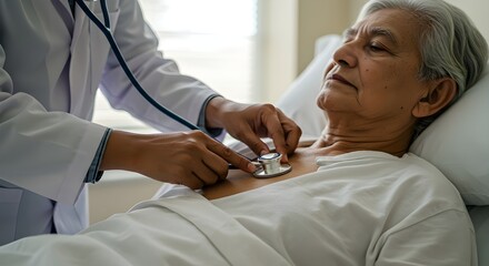 Doctor adjusting stethoscope on elderly patient in clinic, providing careful medical examination