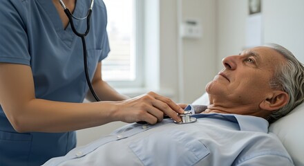 Doctor adjusting stethoscope on elderly patient in clinic, providing careful medical examination