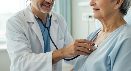 Doctor adjusting stethoscope on elderly patient in clinic, providing careful medical examination