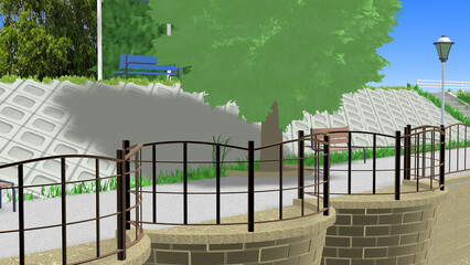 CG画像,3D,アニメーションの背景,背景画,海岸,青い海,空,道,自然,風景,景色,木,日本,屋外,晴れ,日本晴れ,緑,木,海原,夏の思い出,広い,高速道路,公園,浜辺,海水浴,まぶしい,青空,雲一つない,テトラポット,陽射し,遠浅,立体交差,広大な,