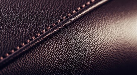 Close-up macro shot of dark brown leather with detailed stitching and textured surface.