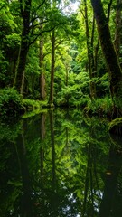 Obraz premium Lush Green Forest Scene with Calm Water Reflection