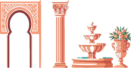 Vector art of moroccan architectural elements and fountain