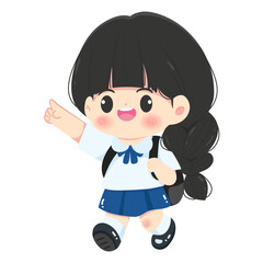 Happy Thai Schoolgirl Character Giving Thumbs Up, Confident Student Cartoon Vector Illustration.