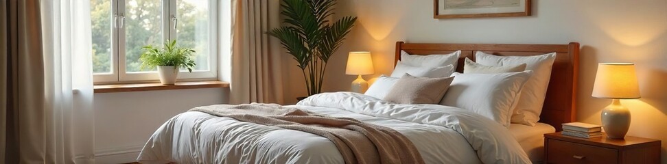 Serene White Bedroom Interior Soft Lighting, Plush Bedding, Calming Decor, Perfect for Peaceful Sleep and Relaxation. Ideal for websites promoting sleep wellness, home decor, or escape.