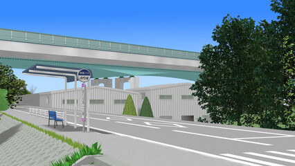 CG画像,3D,アニメーションの背景,背景画,海岸,青い海,空,道,自然,風景,景色,木,日本,屋外,晴れ,日本晴れ,緑,木,海原,夏の思い出,広い,高速道路,公園,浜辺,海水浴,まぶしい,青空,雲一つない,テトラポット,陽射し,遠浅,立体交差,広大な,