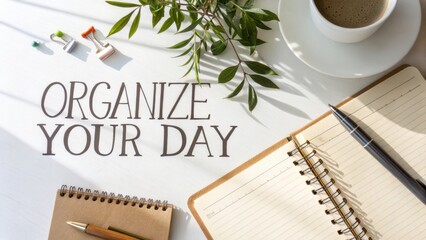 Creative Workspace for Productivity and Planning with Notebook, Coffee, and Greenery on Bright Table