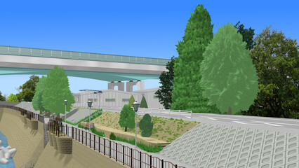 CG画像,3D,アニメーションの背景,背景画,海岸,青い海,空,道,自然,風景,景色,木,日本,屋外,晴れ,日本晴れ,緑,木,海原,夏の思い出,広い,高速道路,公園,浜辺,海水浴,まぶしい,青空,雲一つない,テトラポット,陽射し,遠浅,立体交差,広大な,