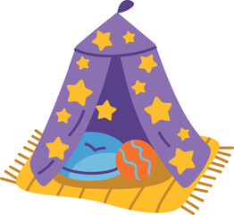 Purple Star- Patterned Play Tent with Rug and Toys on White Background kids children