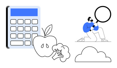 Person investigates a magnifying glass, a calculator, fruit, vegetables, and a cloud. Ideal for calculations, health choices, research, sustainability diet planning analysis education simple flat