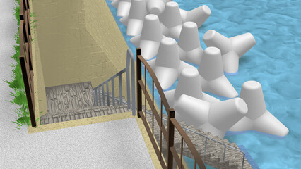 CG画像,3D,アニメーションの背景,背景画,海岸,青い海,空,道,自然,風景,景色,木,日本,屋外,晴れ,日本晴れ,緑,木,海原,夏の思い出,広い,高速道路,公園,浜辺,海水浴,まぶしい,青空,雲一つない,テトラポット,陽射し,遠浅,立体交差,広大な,