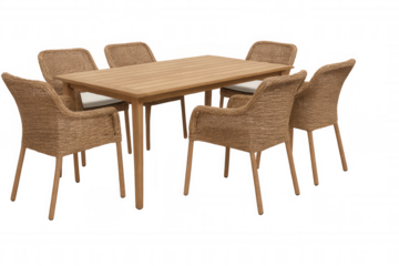 Outdoor dining set with wooden table and six wicker chairs, transparent background for easy use