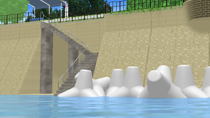 CG画像,3D,アニメーションの背景,背景画,海岸,青い海,空,道,自然,風景,景色,木,日本,屋外,晴れ,日本晴れ,緑,木,海原,夏の思い出,広い,高速道路,公園,浜辺,海水浴,まぶしい,青空,雲一つない,テトラポット,陽射し,遠浅,立体交差,広大な,