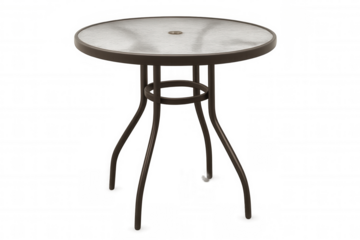 Round outdoor table with glass top and metal frame, perfect for patio or garden furniture, transparent background