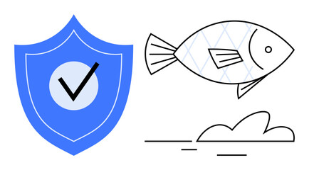 Blue shield with checkmark next to outlined fish and water, symbolizing security, ecology, and sustainability. Ideal for eco-awareness, safety assurance, marine conservation, insurance, trust