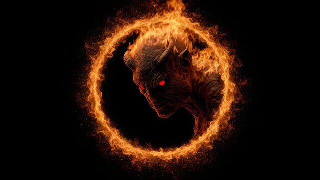 Demonic face with horns in fire ring