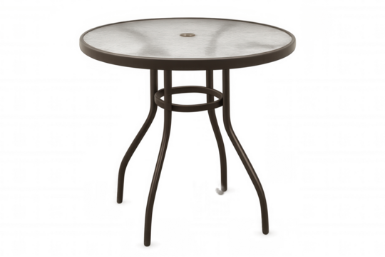 Round outdoor table with glass top and metal frame, perfect for patio or garden furniture, transparent background