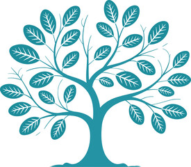 Stylized teal tree with leaves on a white background branches