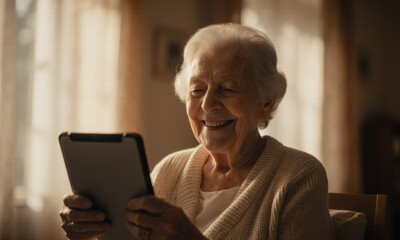 Happy Senior Woman Using Tablet at Home