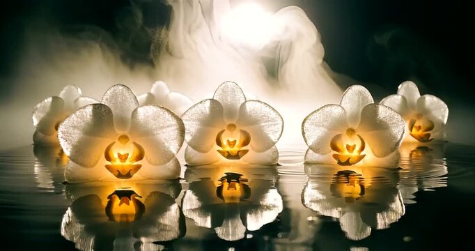 Ethereal white orchids glowing in misty water with soft light backdrop