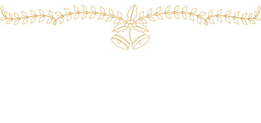Elegant yellow line art illustration of two Christmas bells decorated with holly leaves and berries, connected to a curved vine of leaves forming a festive border