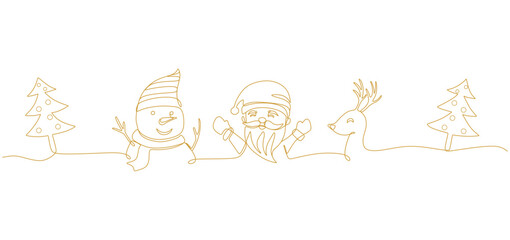 Minimalist yellow line art illustration featuring classic Christmas characters — Santa Claus, a snowman, and a reindeer — surrounded by decorated Christmas trees. The design uses a continuous line 
