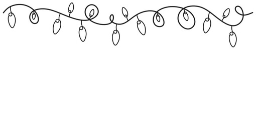 Minimalist black line art illustration of a string of Christmas lights with looping, curly wires. The design is simple and elegant, evoking a festive holiday atmosphere. Perfect for use in Christmas