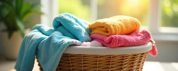 Sunlit Laundry Basket Overflowing with Freshly Washed Colorful Clothes and Towels Ready for Folding