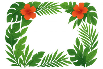 Naklejka premium Tropical frame with green exotic palm leaves, monstera leaves and red hibiscus flowers creating summer banner backdrop