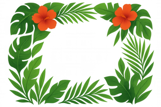 Tropical frame with green exotic palm leaves, monstera leaves and red hibiscus flowers creating summer banner backdrop