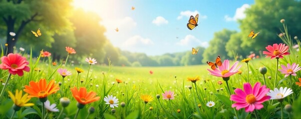 Sun-Drenched Meadow with Vibrant Wildflowers and Butterflies Dancing in the Summer Breeze - Idyllic Rural Scene