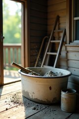Fototapeta premium Rustic Porch Setting with Aged Metal Basin Filled with Fine Granular Material and Wooden Shovel, Sunlight Streaming Through Open Doorway, Rustic Wooden Ladder, and Small Metal Container