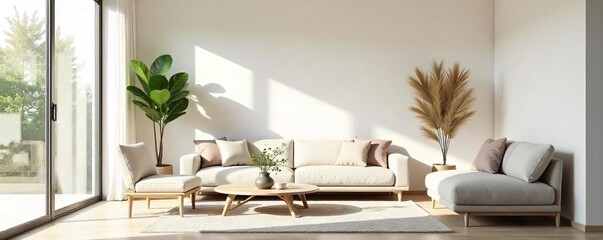 Serene Minimalist Living Room Natural Light, Calm Atmosphere, Airy Space, Neutral Decor, Simple Furniture