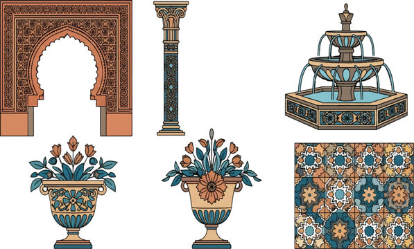 Vector art of collection of moroccan architectural elements and decorative objects
