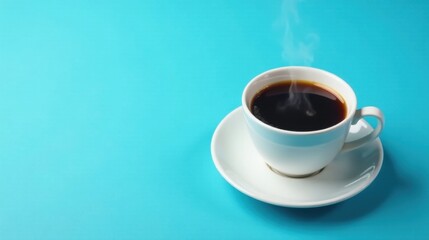 Obraz premium Aromatic Steam Rising from a Cup of Dark Coffee on a Vibrant Blue Background