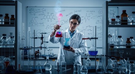 A female scientist in a lab coat, holding a beaker with a colorful liquid, surrounded by various laboratory equipment and a whiteboard with scientific diagrams.
