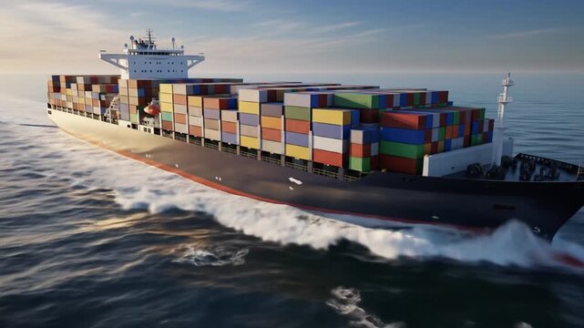 Majestic Cargo Vessel Navigating Open Ocean with Colorful Container Array