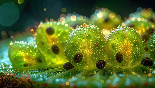Dew-kissed translucent green spheres, possibly fruit segments, gleam with internal illumination and water droplets, resting on a verdant, textured leaf surface, with blurred bokeh highlights. - Powered by Adobe