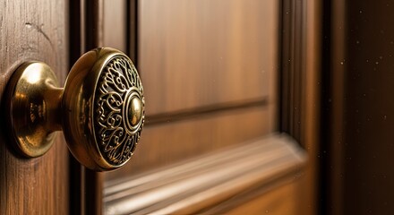 A wooden door with a brass doorknob, set against a dark wooden background with a subtle dusting of dust.