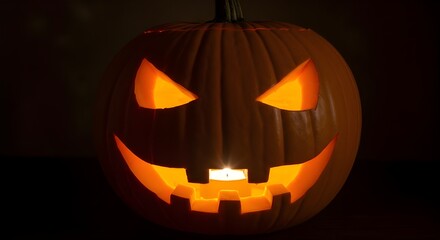 Fototapeta premium Traditional Halloween Jack-o’-Lantern Illuminated in the Night