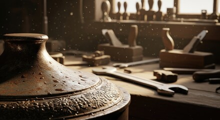 A workshop with a rusty metal pot and various woodworking tools in the background.